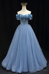 Blue Sweetheart Tulle Long Formal Dress, Off the Shoulder Evening Graduation Dress